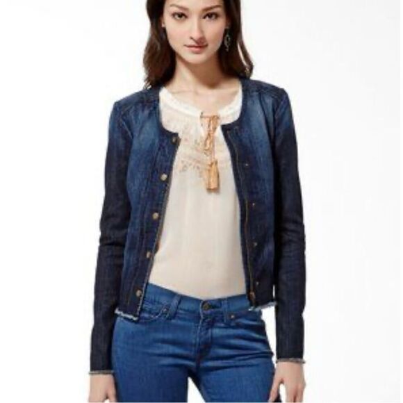 Womens Lucky Brand Collarless Dark Wash Zipper Detail Denim Jean Jacket - Sz S - Picture 1 of 5